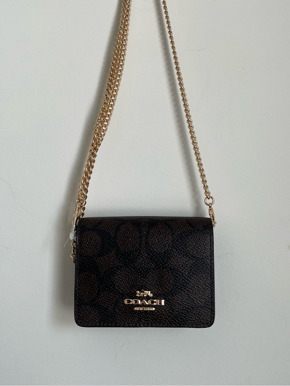 Coach NWT Brown Signature Canvas Mini Wallet Crossbody with Gold Chain Strap